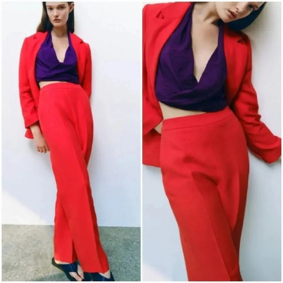 ZARA, New, Cherry Red Linen blend High Waist Trouser Pants, Size Medium - Picture 1 of 14